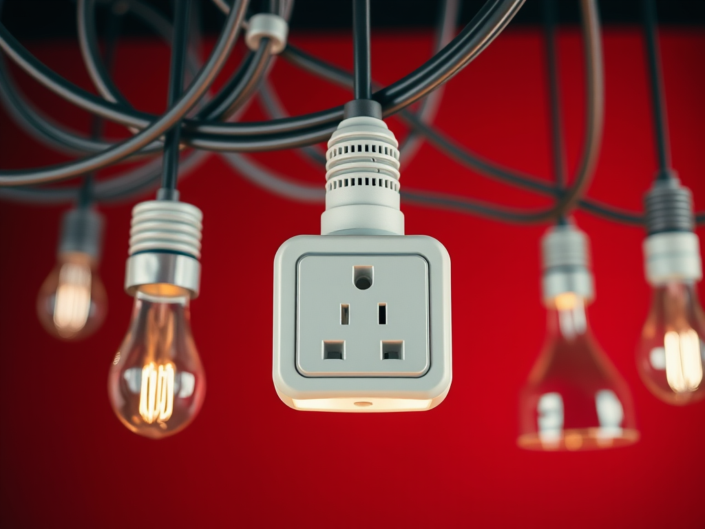 A close-up view of an electrical outlet with hanging light bulbs and black wires against a red background.