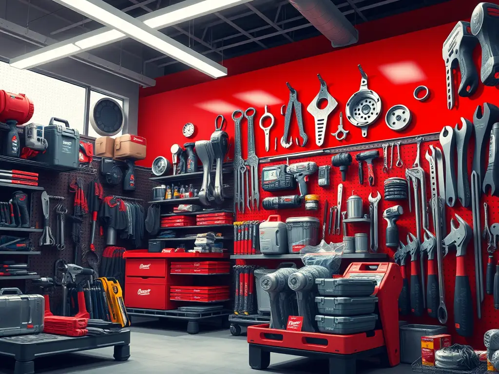 A wall display in a tool store featuring various hand tools, power tools, and storage boxes against a bright red background.