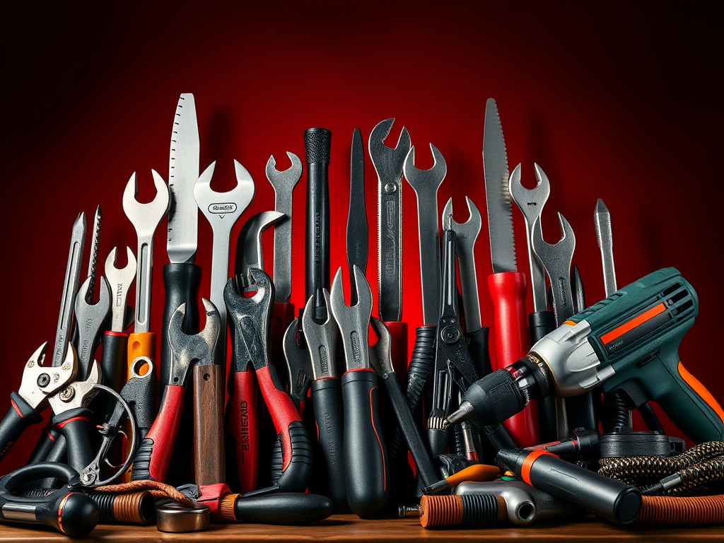 A collection of various hand tools displayed prominently against a red background, including wrenches, pliers, and a power drill, arranged on a wooden surface.