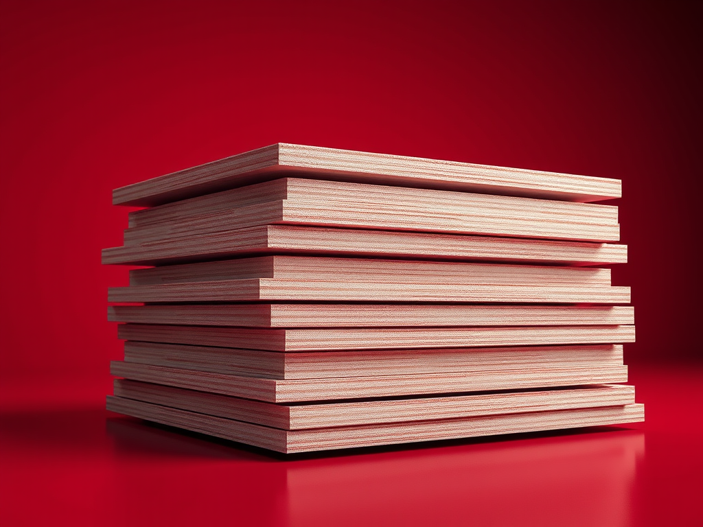 A stack of wooden planks arranged neatly against a red background.