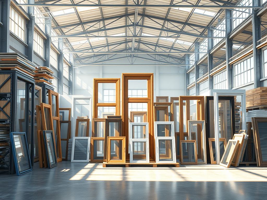 A spacious warehouse filled with various styles and sizes of wooden windows neatly arranged for display.